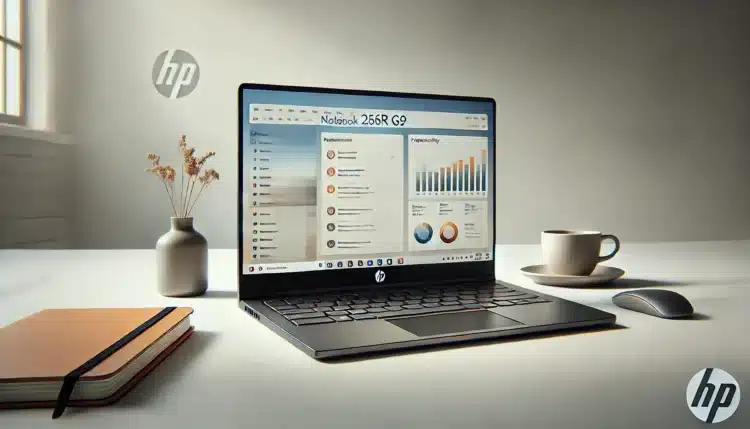 Notebook Hp 256r sobre uma mesa de escritório.