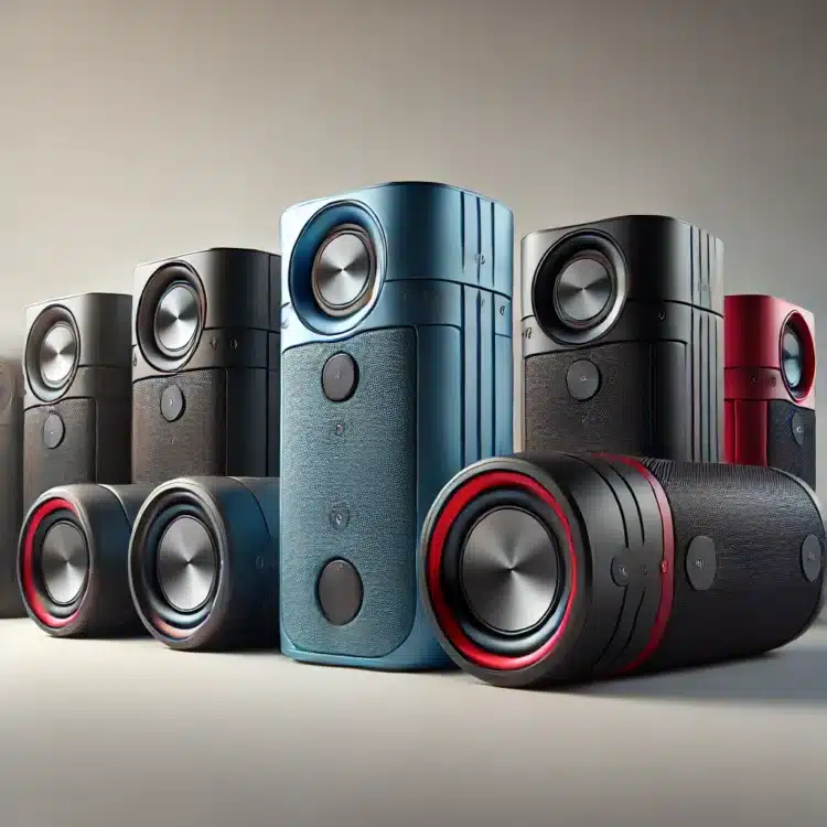 Fotografia realista de caixas de som Bluetooth portáteis lado a lado, em cores preto, azul e vermelho. Cada caixa possui design moderno com botões de controle visíveis e detalhes bem definidos. O fundo neutro e iluminação suave valorizam os produtos, destacando sua aparência tecnológica e funcional.