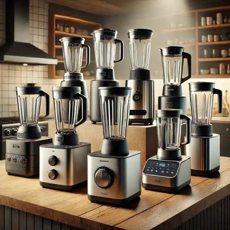 diversos liquidificadores sobre uma bancada de cozinha