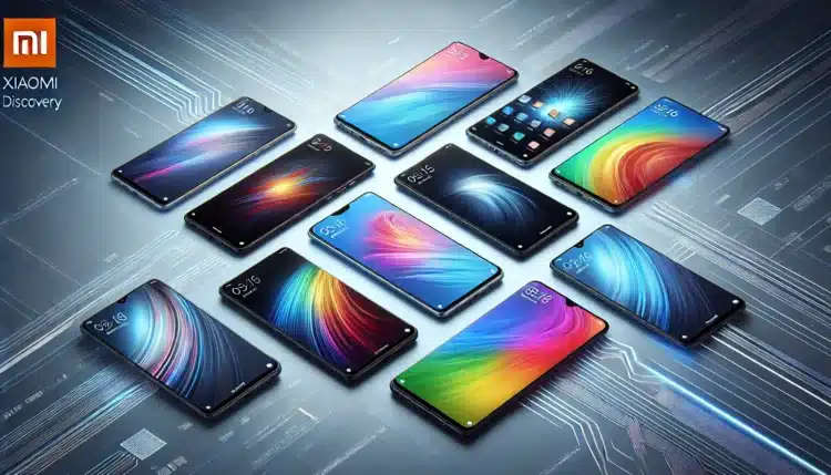 Imagem promocional em estilo futurista mostrando uma fileira de smartphones Xiaomi modernos dispostos diagonalmente sobre um fundo em degradê azul e branco com elementos tecnológicos abstratos. Os aparelhos exibem telas vibrantes e design elegante, com cores variadas como preto, prata e azul. A composição tem iluminação dinâmica, destacando os detalhes de cada modelo em uma estética limpa e sofisticada, ideal para anúncios digitais.