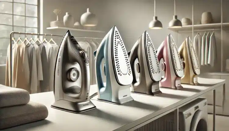 Fotografia realista de uma bancada de lavanderia clara e minimalista, exibindo diversos ferros de passar roupa modernos, alinhados lado a lado. Cada ferro apresenta um design distinto com cores variadas e detalhes visíveis na base antiaderente. A iluminação destaca o brilho metálico e a organização impecável do cenário, transmitindo uma sensação de limpeza e praticidade.