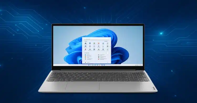 Notebook Lenovo Ideapad 1i com Windows 11 e tela de 15,6 polegadas em destaque, ideal para produtividade e estudos